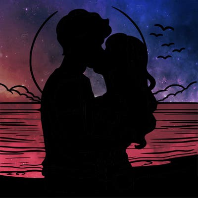 boyfriend and girlfriend looking at the sunset on the beach and kissing