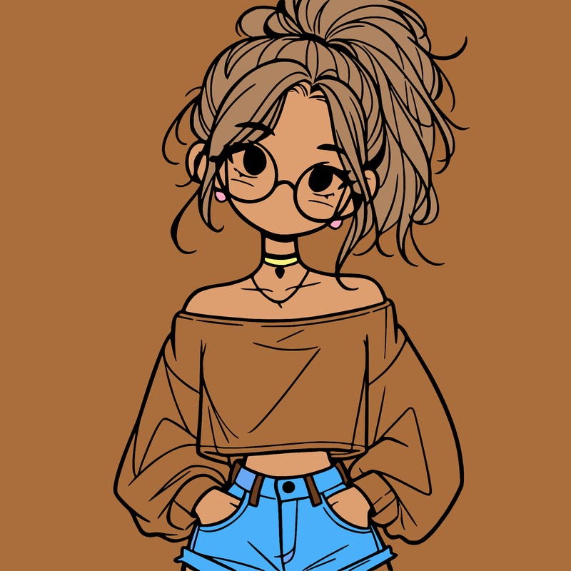 girl with a messy ponytail glasses a baggy crop top and jean shorts