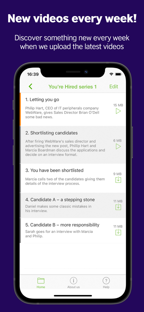 LearnEnglish Videos app screen showing a list of Business English episodes with a headline about new weekly videos.