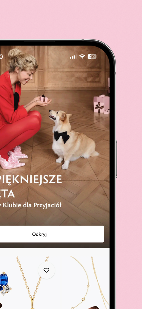 W.KRUK - Mobile interface of the W.KRUK jewelry app featuring a holiday lifestyle banner and a collection of gold necklaces.