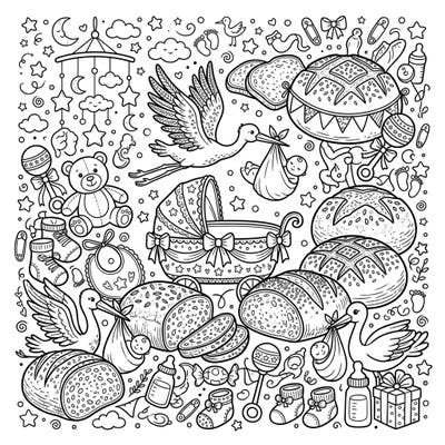 Discover a unique blend of culinary charm and baby joy with this whimsical rye bread baby shower coloring page. Featuring adorable storks, nursery items, and delightful loaves, it's perfect for celebrating new beginnings.