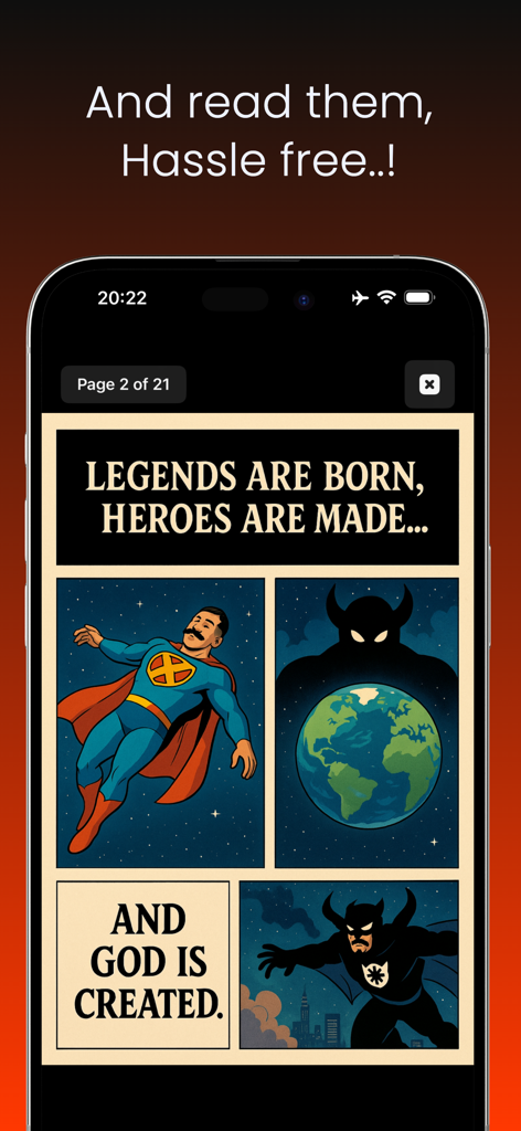 xiComic - Comic & Manga Reader - A smartphone screen showing the xiComic app displaying a comic book page with superhero panels and offline mode active