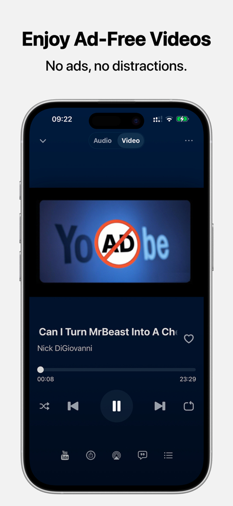 TubePod app interface displaying an ad-free video player with no distractions