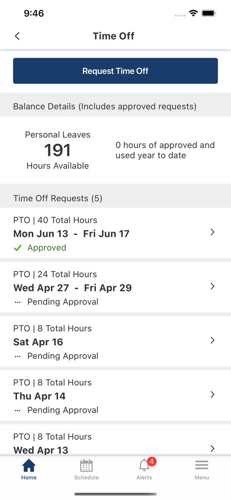 Paycor Mobile app time off screen showing available hours and a list of pending and approved PTO requests.
