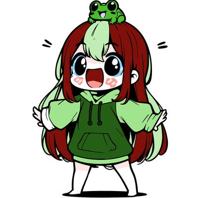 a excited chibi girl whith long hair and a baggy shirt whith a frog on there head