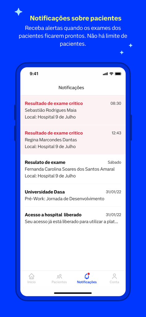 Nav Pro - Nav Pro app screen showing a list of patient notifications including critical exam results.