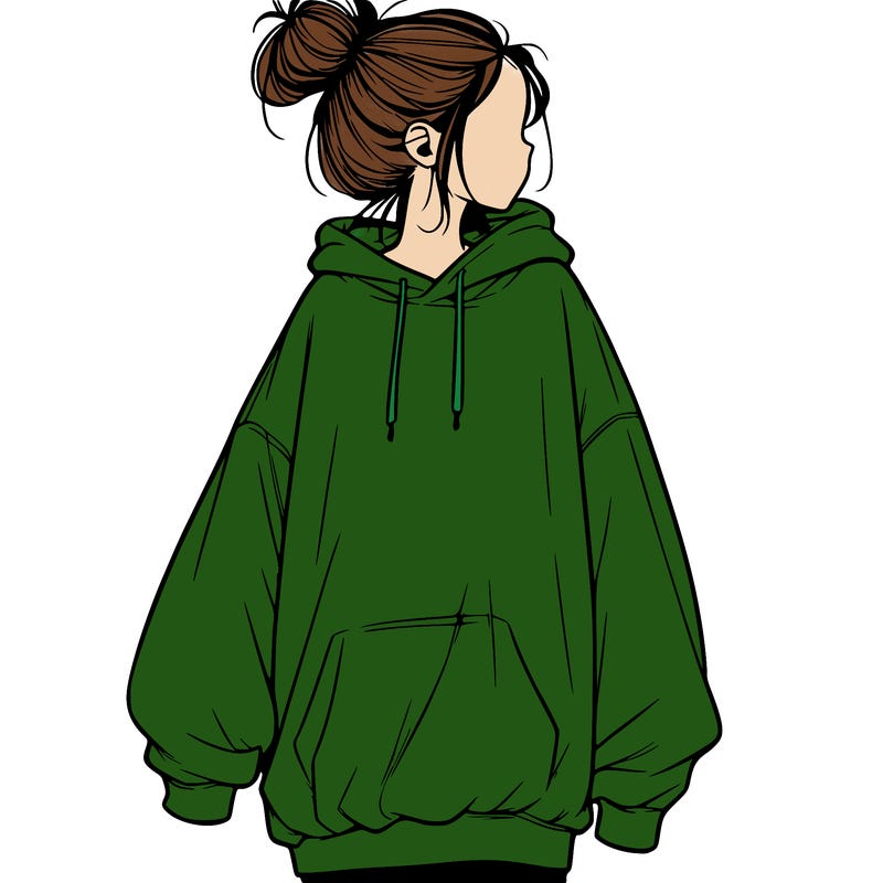 realistic girl with a oversized sweatshirt on and a bun