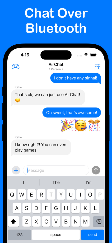 Bluetooth経由でテキスト会話を表示するAirChatアプリのiPhoneインターフェイス（セルラー信号がない場合）。