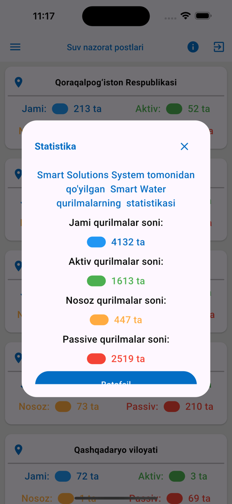 Smart-Water - Smart-Water app dashboard displaying a statistics popup with the total number of active, faulty, and passive water monitoring devices.