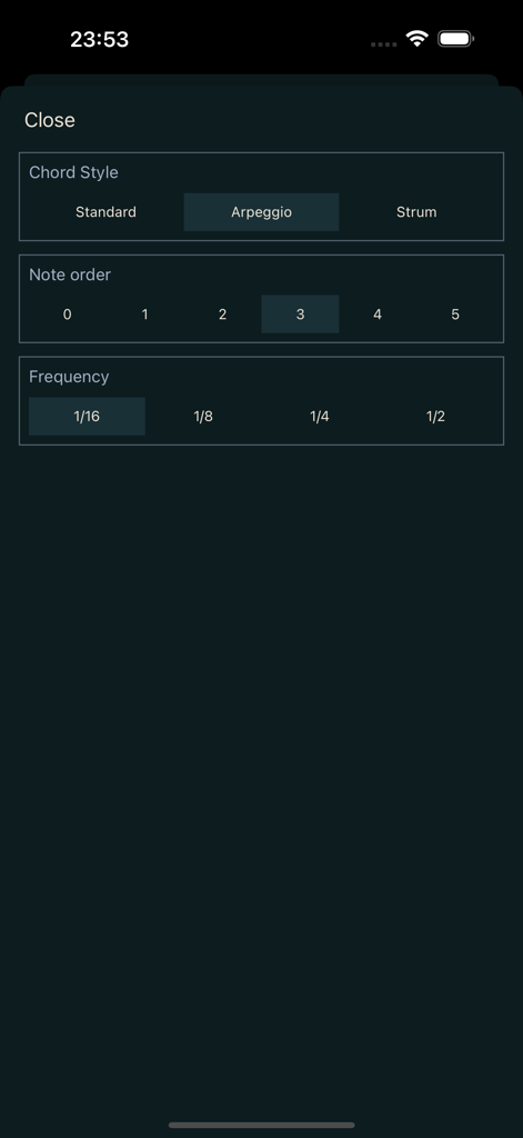 Loop Maker - Create Music Fast - Loop Maker app interface for configuring arpeggio chord style and note frequency
