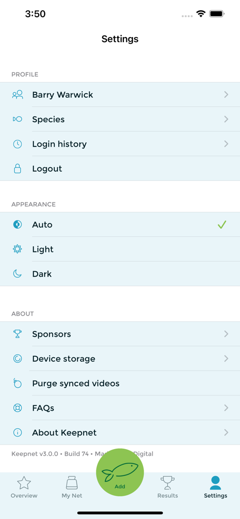 Keepnet Weigh Bay: Fishing App - Settings menu for Keepnet fishing app with sections for profile appearance and app information