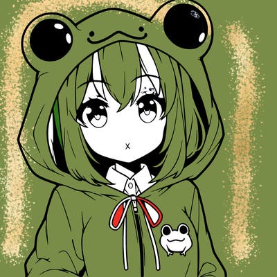 an anime girl wearing a frog hoodie