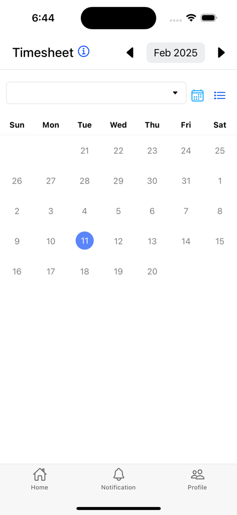 ECM MetricS app timesheet screen with calendar view for employee attendance tracking