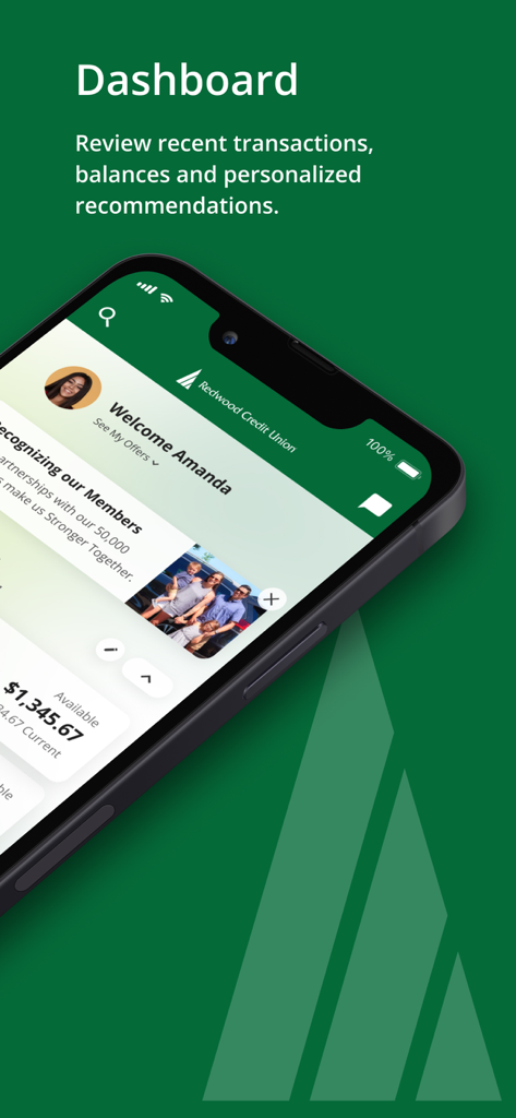 Redwood Credit Union mobile app dashboard showing account balances and personalized member recommendations.