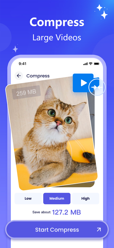 Pure Cleaner app interface showing how to compress large videos to save storage space on an iPhone.