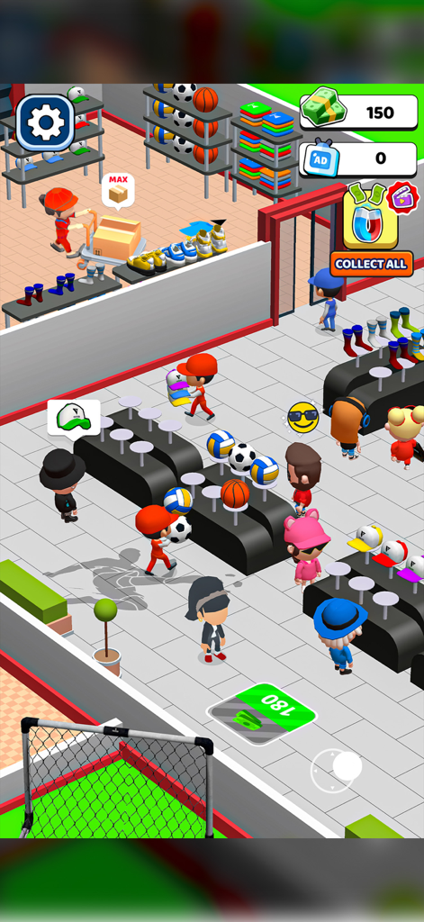 Fashion Outlet Rush Store - In-game view of a retail shop management simulator with staff stocking shelves and customers shopping for sports gear and apparel.