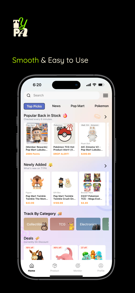 TYPA - Restock Alerts - Screenshot of the TYPA mobile app home screen showing product restock alerts for collectibles and pokemon items