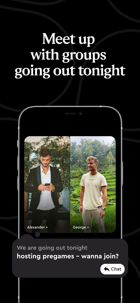 A smartphone screen showing the Doubble app interface with two user profiles and a group chat invitation for a night out