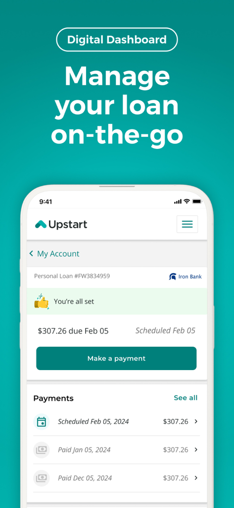 Upstart mobile app digital dashboard displaying personal loan payment status and history