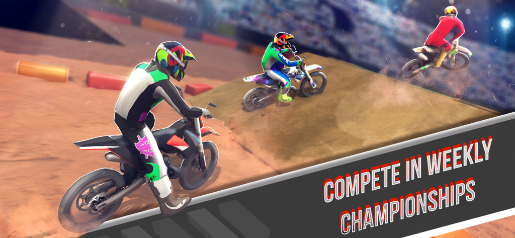 TiMX: This is Motocross - three motocross riders racing on a dirt track in a competitive weekly championship event