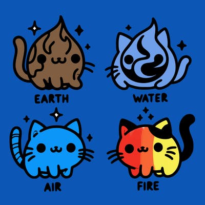4 cats that represent the different elements, earth, water, air, and fire