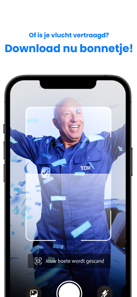 Smartphone screen showing the Bonnetje app scanning a traffic fine with a smiling man in a blue jumpsuit