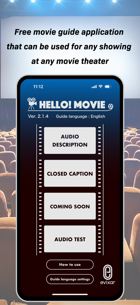 Menu principal do aplicativo HELLO MOVIE mostrando botões para serviços de audiodescrição e legendas ocultas em cinemas.