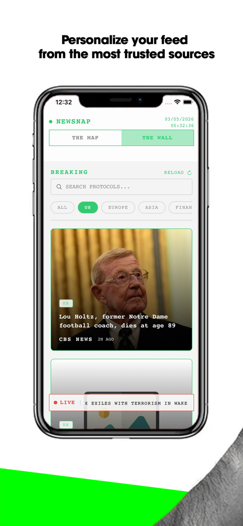 Newsnap mobile app interface showing a minimalist personalized news feed with breaking US news