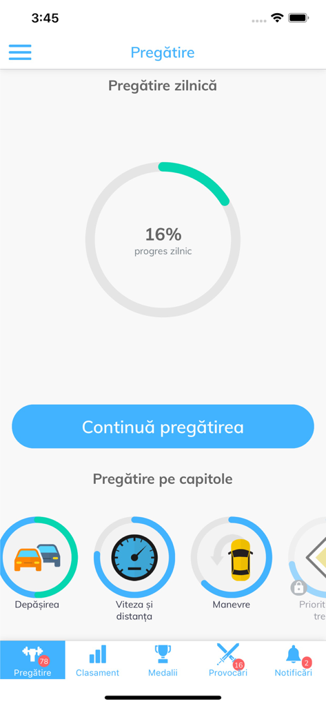 Progreso de estudio diario y capítulos de aprendizaje en la aplicación de preparación para el examen de conducir rumano