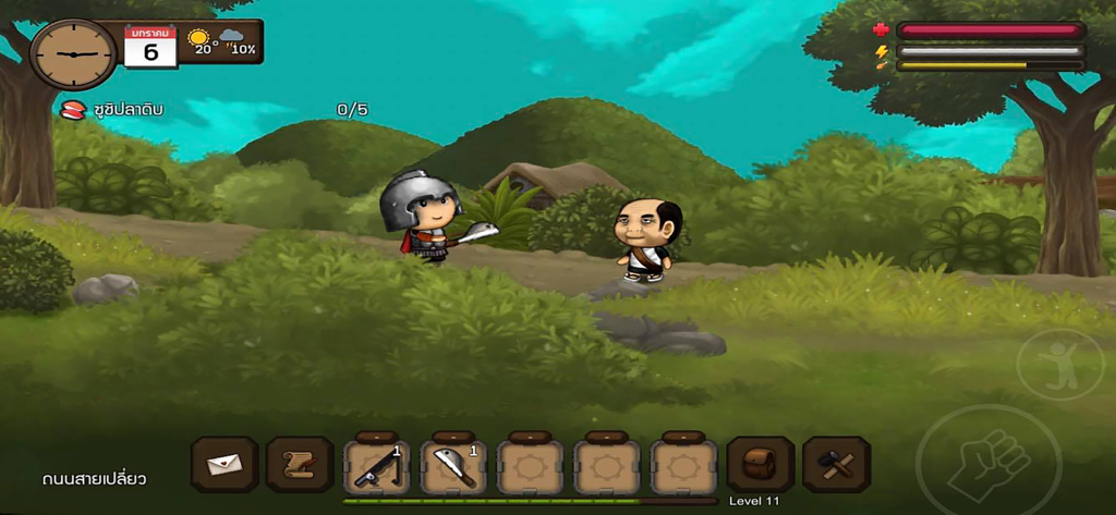 Santhai - A screenshot of Santhai a 2D side scrolling RPG showing a warrior character in a rural landscape with game UI