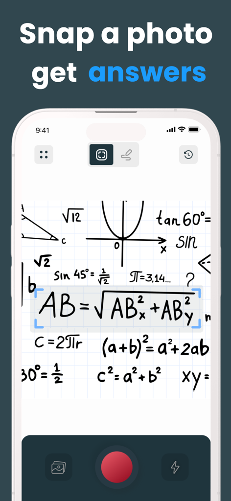 Smartphone camera scanning a handwritten math equation to get instant answers using Picture Math app