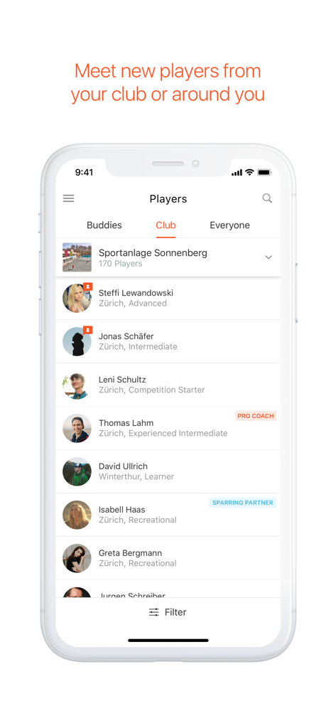 Interface of the GotCourts app showing a list of local tennis players and professional coaches for networking and matchmaking.