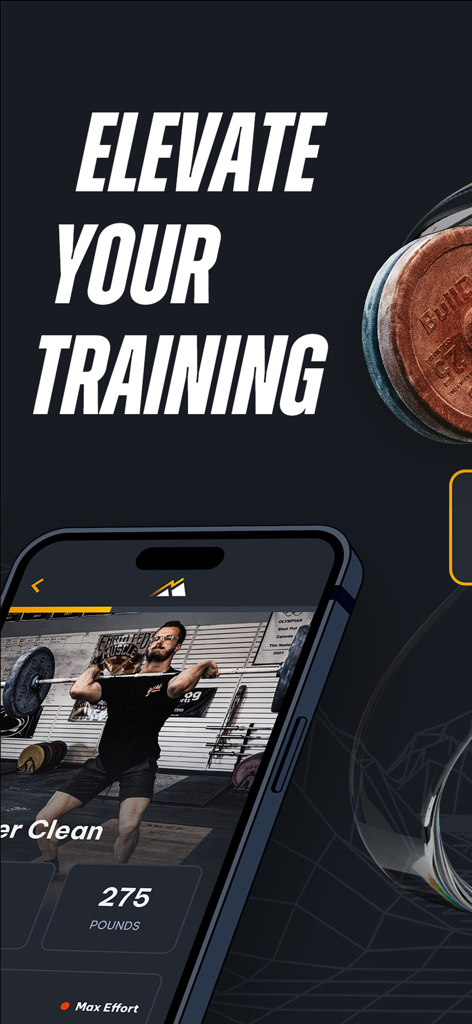 Peak Strength - Peak Strength app interface showing an athlete performing a power clean with weight tracking on screen