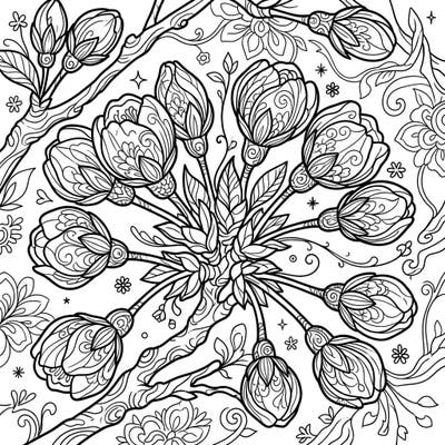 Unwind and find your artistic flow with this beautifully detailed coloring page showcasing delicate cherry blossom buds. Perfect for adults seeking a mindful and intricate coloring experience.