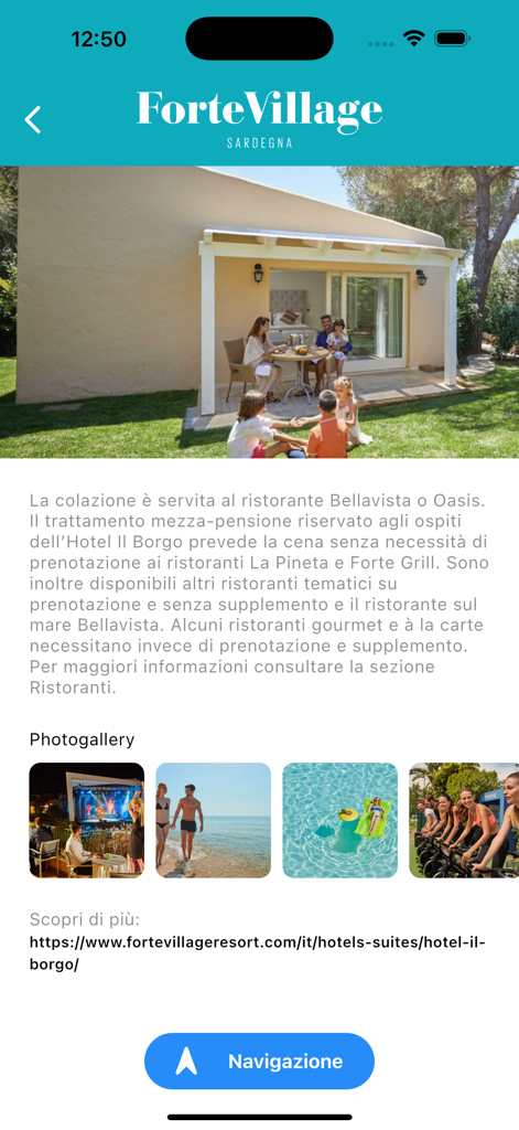 Forte Village Resort - Mobile app screen for Forte Village Resort displaying Hotel Il Borgo details, dining information, and a photo gallery of resort activities.