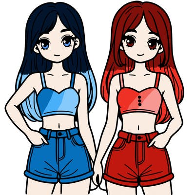 two sisters with crop tops and jean shorts and straight hair