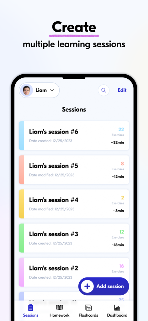 Mobile App-Oberfläche von Speech Blubs Pro, die eine Liste benutzerdefinierter Sprachtherapie-Lernsitzungen für einen Schüler namens Liam zeigt.