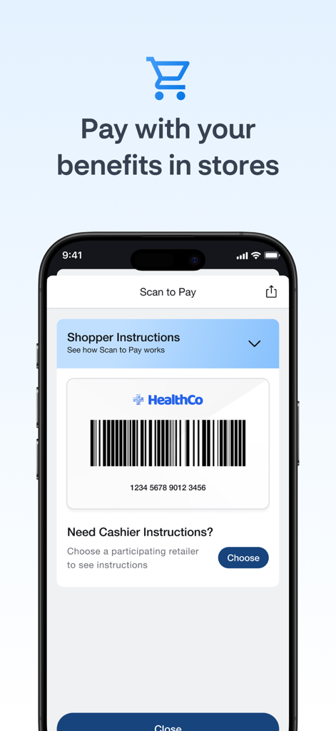 OTC Health Solutions app showing a digital barcode for scan to pay benefit redemptions in stores