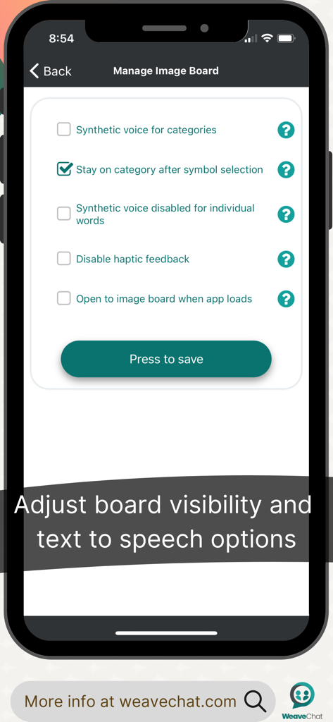 Weave Chat AAC - Weave Chat AAC image board visibility and text to speech settings screen