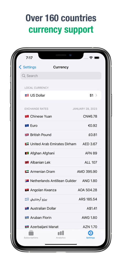 Subscriptions - Track Expenses - iPhone screen showing currency exchange rates and selection for global subscription tracking