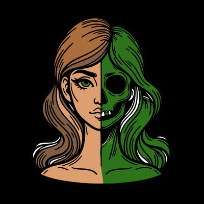 bust of a woman, half face and hair, half skull