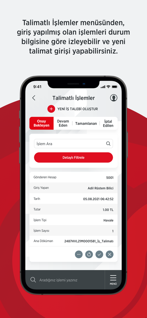 Ziraat Bankasi OPIアプリのインターフェース。法人銀行取引指示と承認ステータスが表示されています。