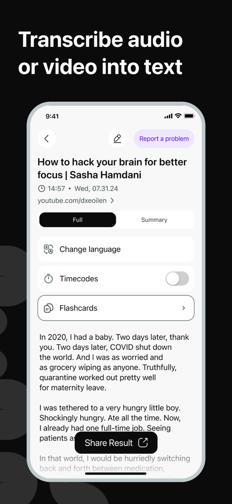 Screenshot of Whynote app showing a transcription of a YouTube video titled How to hack your brain for better focus