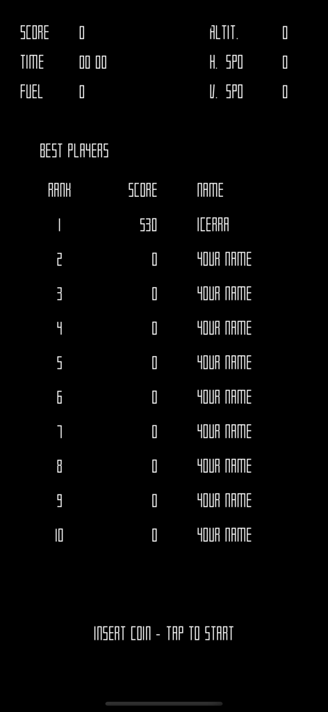 LunarLander! - Retro style high score screen for LunarLander app showing best player rankings