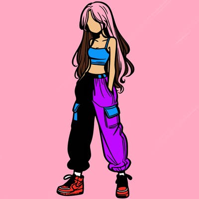 girl in baggy pants crop top and long hair