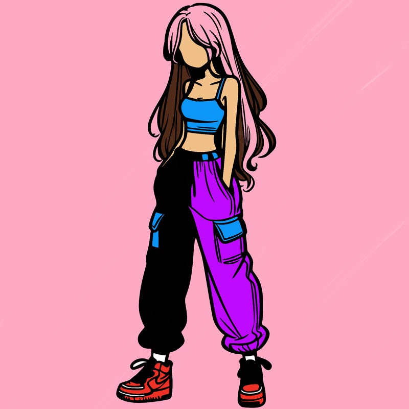 girl in baggy pants crop top and long hair