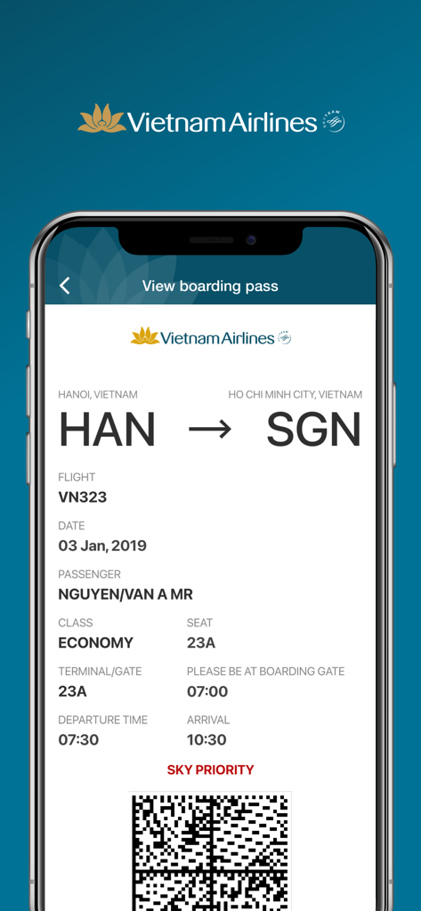 Tarjeta de embarque digital en la aplicación móvil Vietnam Airlines que muestra los detalles del vuelo de Hanoi a Ho Chi Minh City