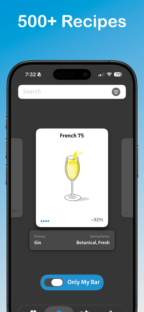 Interfaccia dell'app DrinkSmith che mostra la scheda della ricetta del cocktail French 75 con dettagli sugli ingredienti e un indicatore della percentuale di corrispondenza