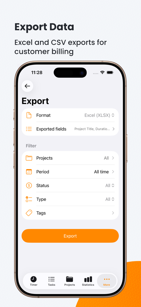 Timesheet IO - Time Tracker - Interfaz de la aplicación Timesheet IO que muestra las opciones de exportación de datos para facturación en Excel y CSV