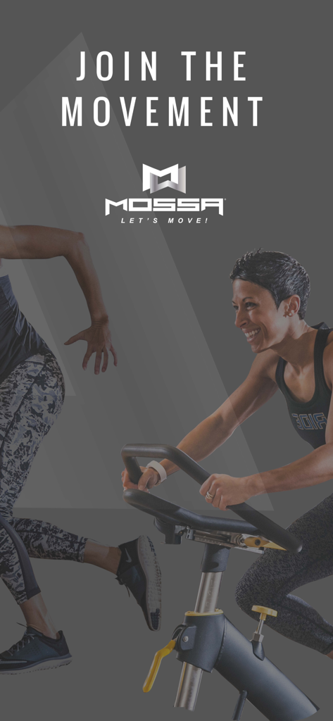 MOSSA GO - MOSSA GO promotional screen with the text Join the Movement featuring fitness instructors on a stationary bike and performing high intensity exercise